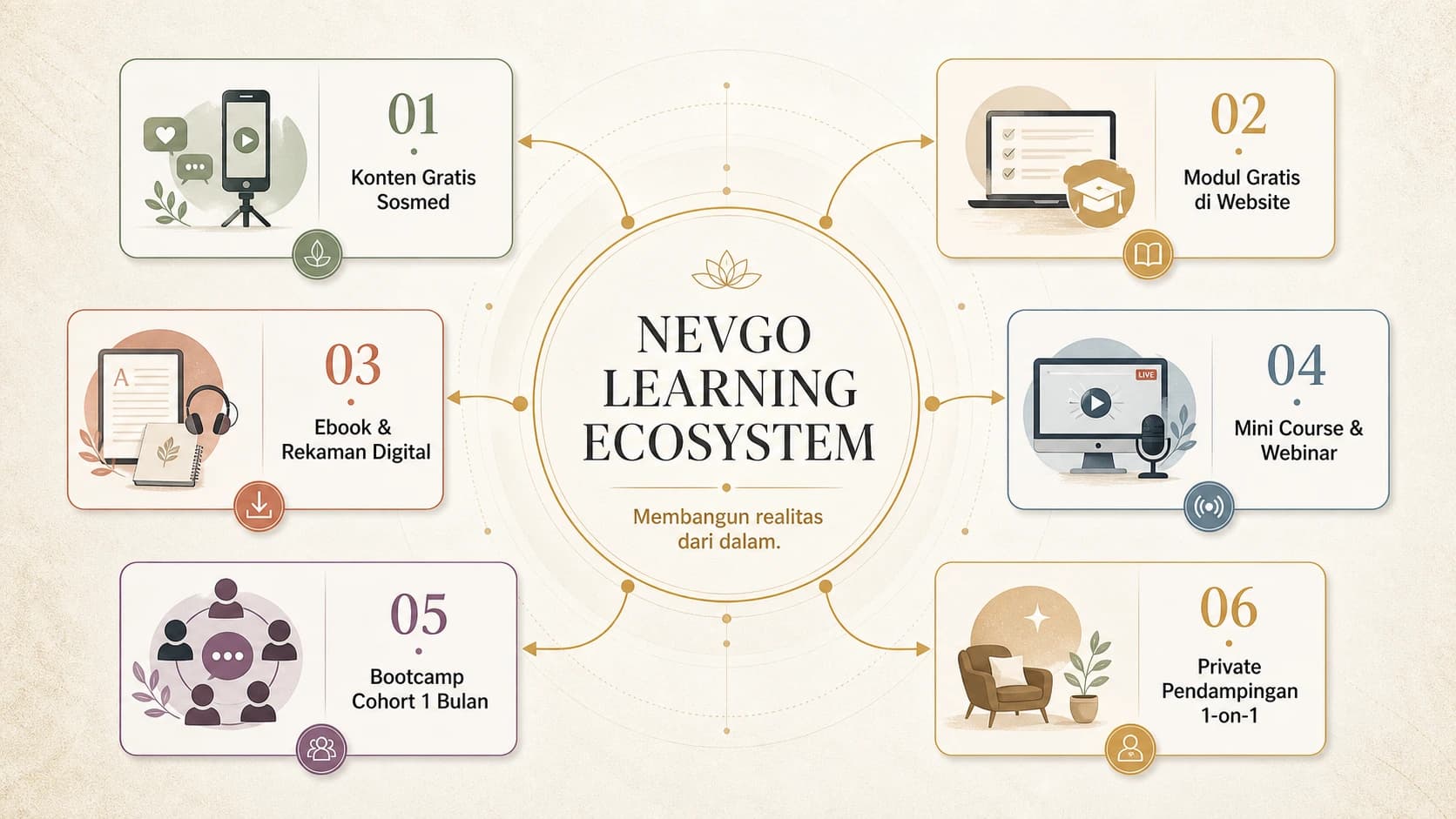 Infografis enam jalur belajar dalam Nevgo Learning Ecosystem